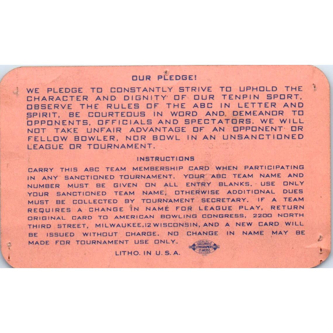 1948 American Bowling Congress Milwaukee Membership Card Eagles 800 Home SE5-13