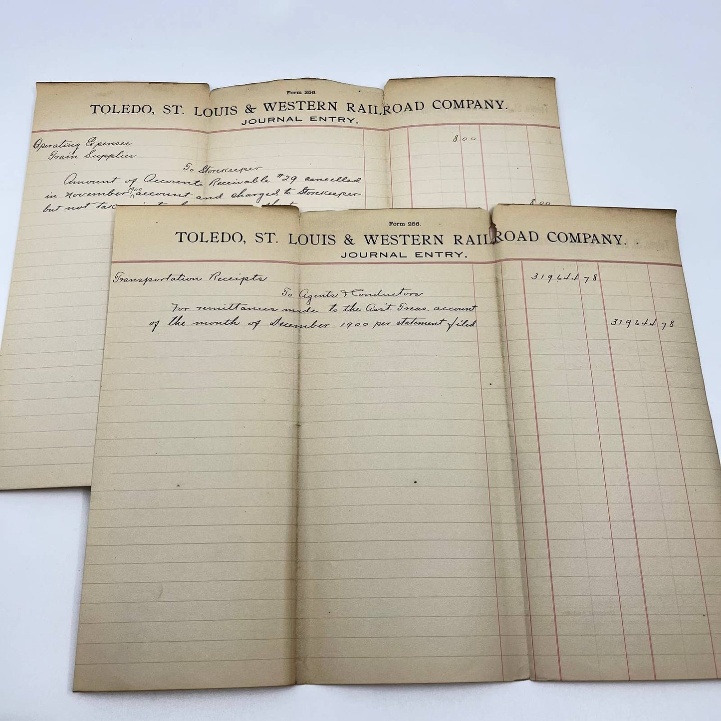 1900 Toledo, St. Louis & Western Railroad Company Journal Entry Lot of 2 AB2-1