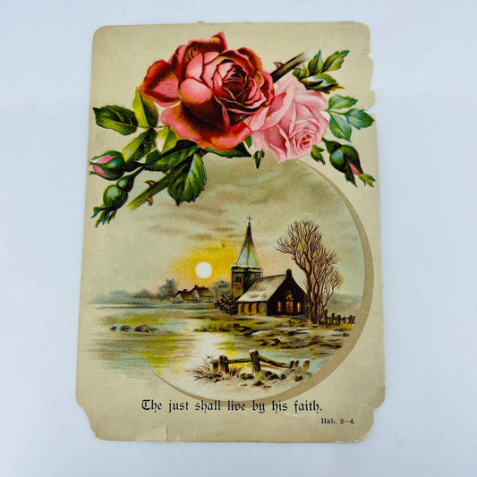 1880s Embossed Victorian Greeting Card Roses Church Scene Habakkuk 2:4 SAH9-H7