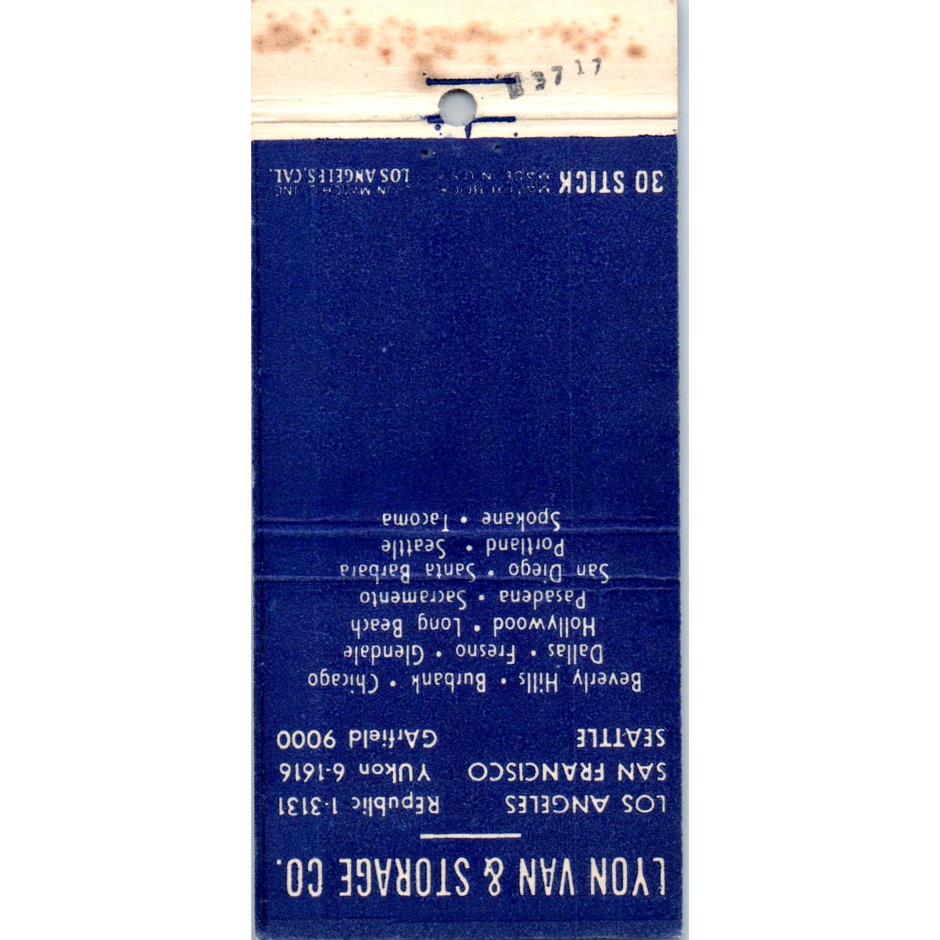 Lyon Van & Storage Co Advertising Matchbook Cover SA1-M11