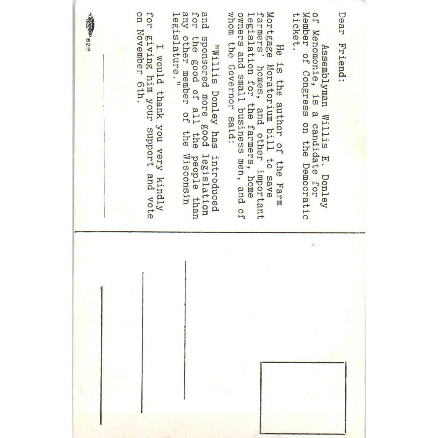 Willis E. Donley for Congress Menomonie Wisconsin Original Postcard TJ9-P3