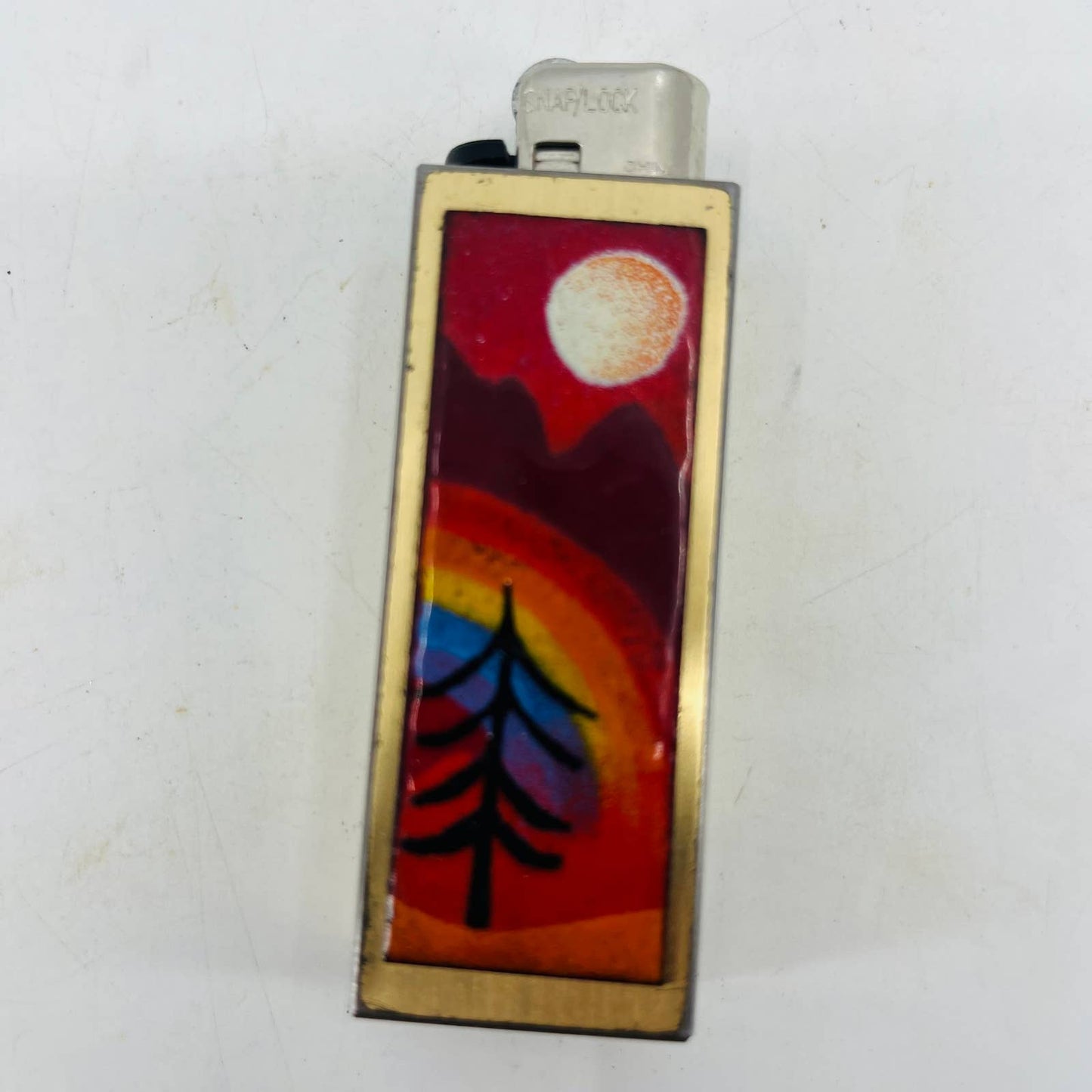 Vintage Brass and Enamel Southwest Sunset Scene Disposable Lighter Case SA8