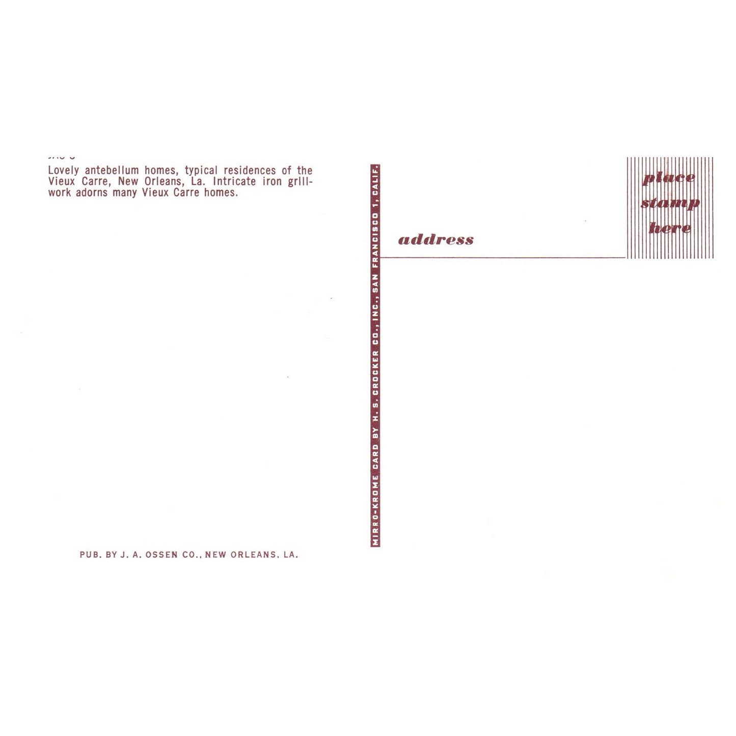 Vintage Postcard - Vieux Carre New Orleans Residence TJ7-1