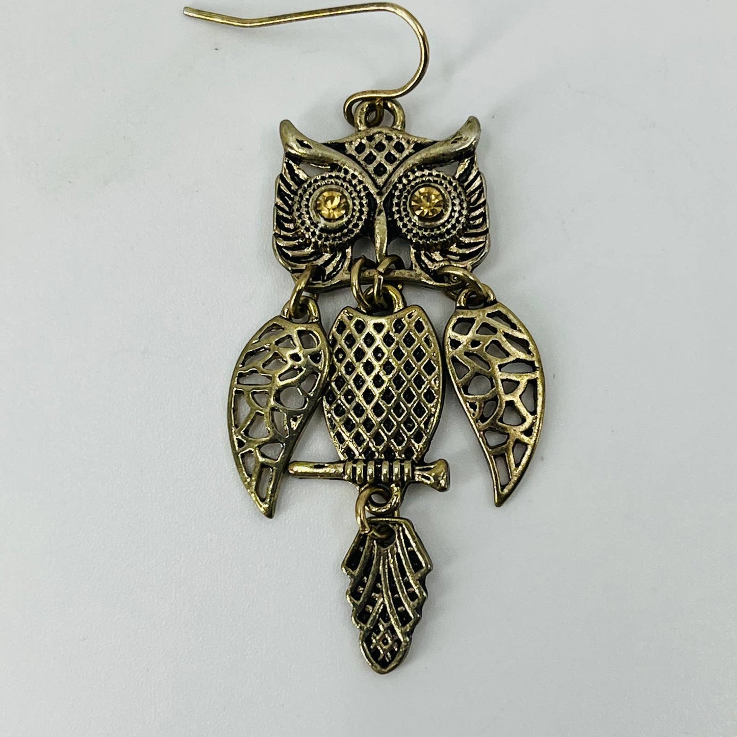 Vintage Gold Tone Owl Topaz Rhinestone Eyes Dangle Single Earring SB2
