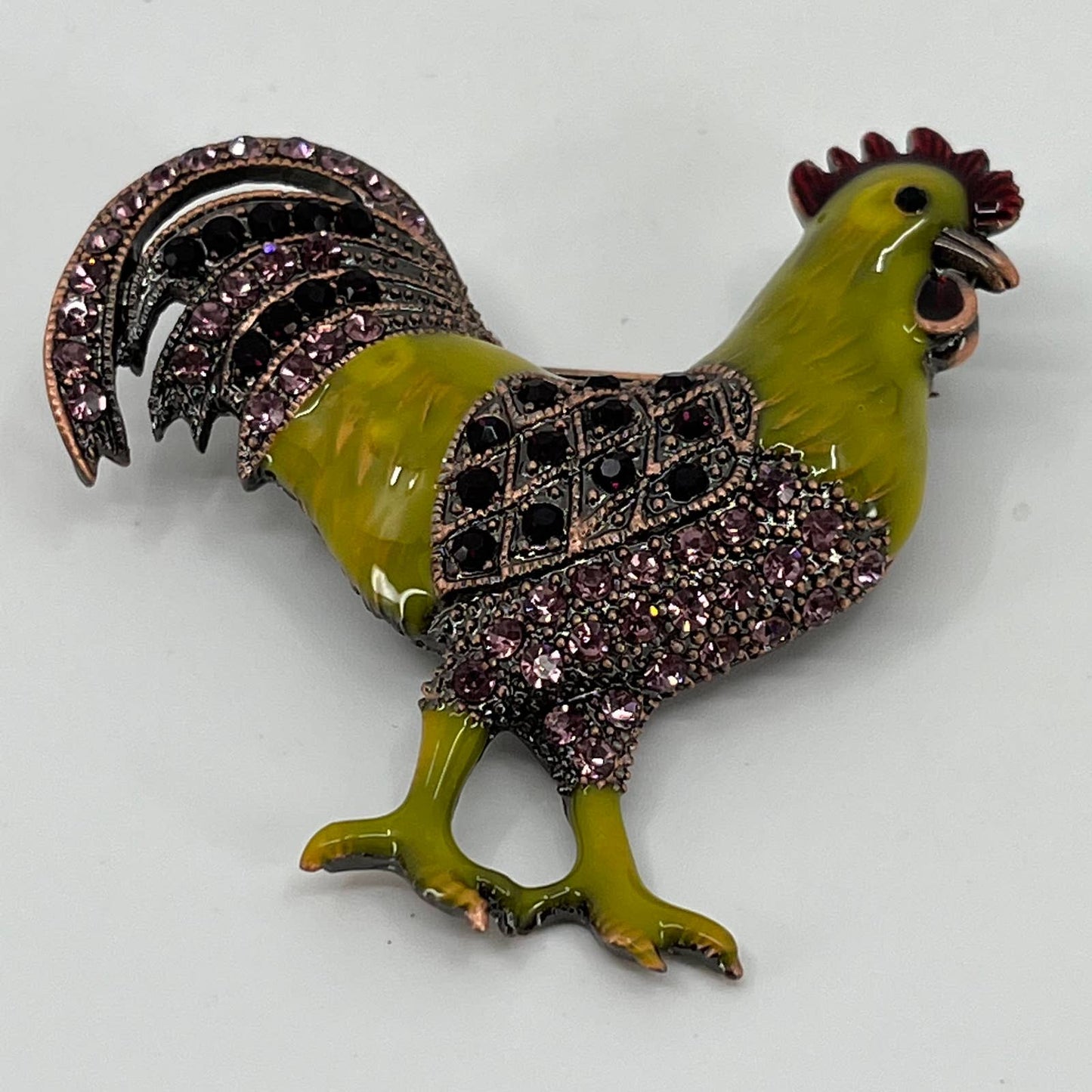 Rooster Chicken Pin Yellow/Green Hen Pink Purple Rhinestone Crystal Brooch SA2