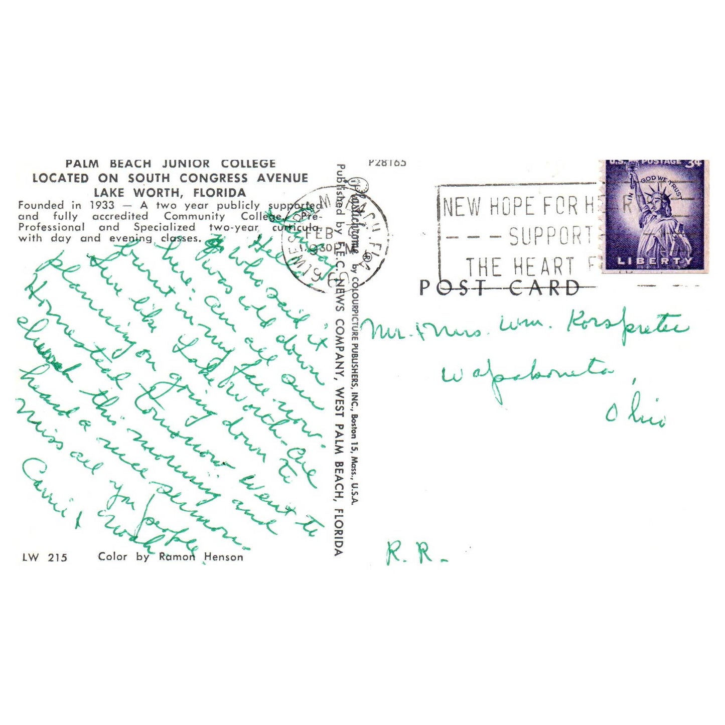 Vintage Postcard - Palm Beach Junior College Congress Avenue Lake Worth FL AD9