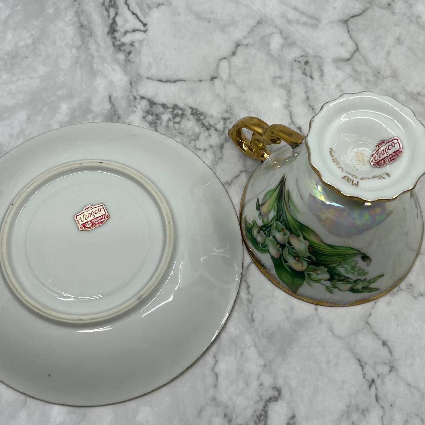 Vtg Tea Cup Saucer Ucagco Lily of Valley Japan Lusterware Gold Hand Painted TA7