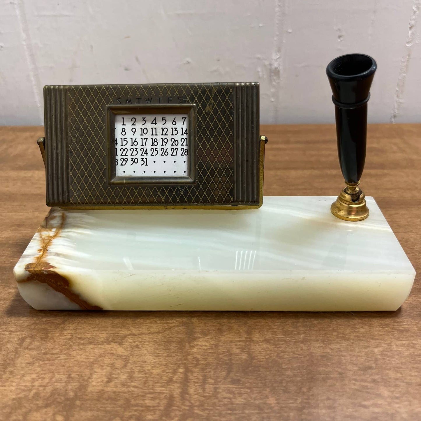 1952 Art Deco 50 Year Calendar Fountain Pen Holder Brass Desktop Marble Onyx TG5