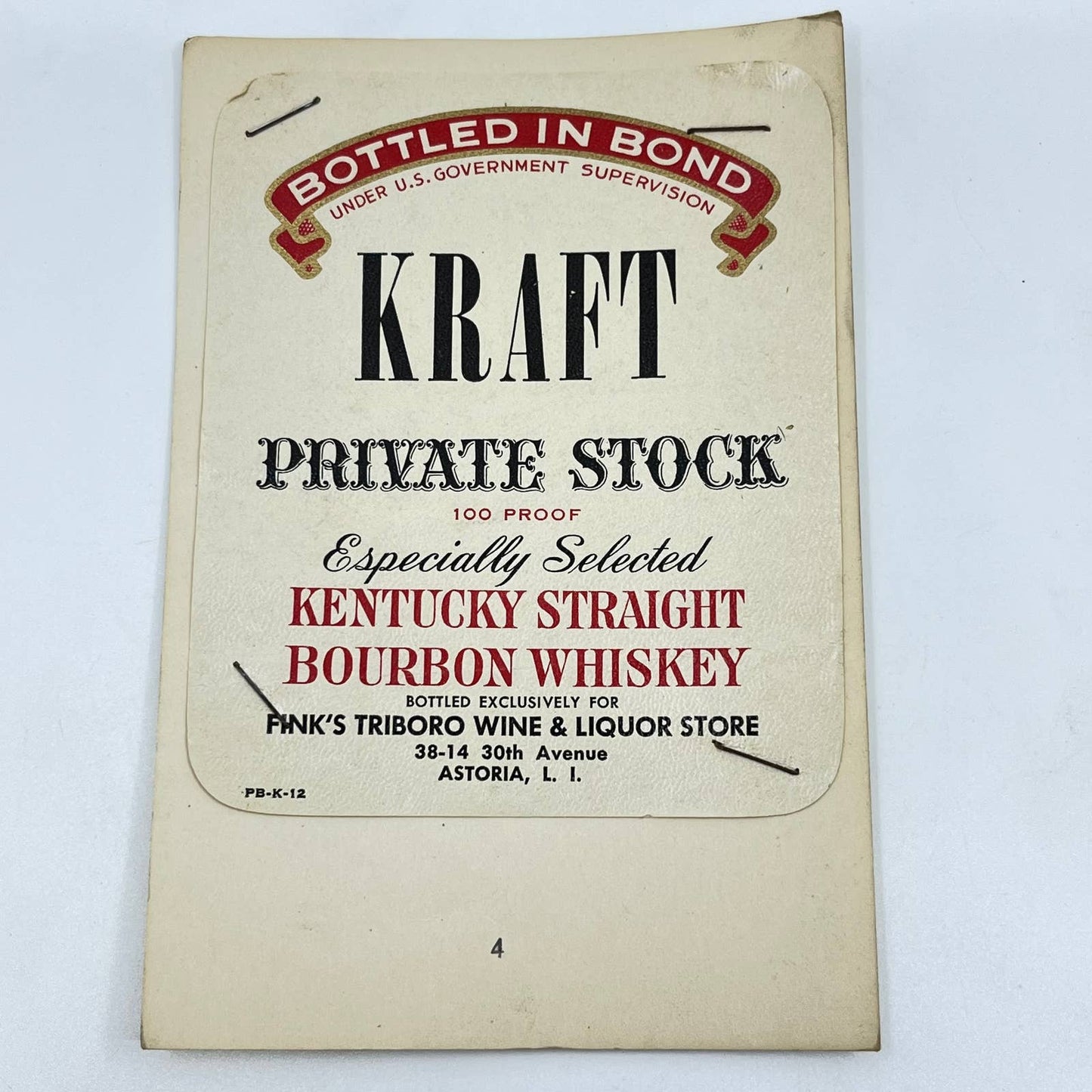Kraft Bourbon Whiskey Label Fink’s Triboro Wine & Liquor Astoria Long Island NY