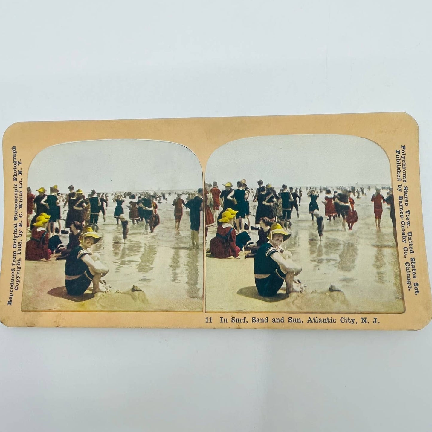 1905 Stereoview Card Hand Tinted Man on Beach in Yellow Sun Hat Atlantic City NJ