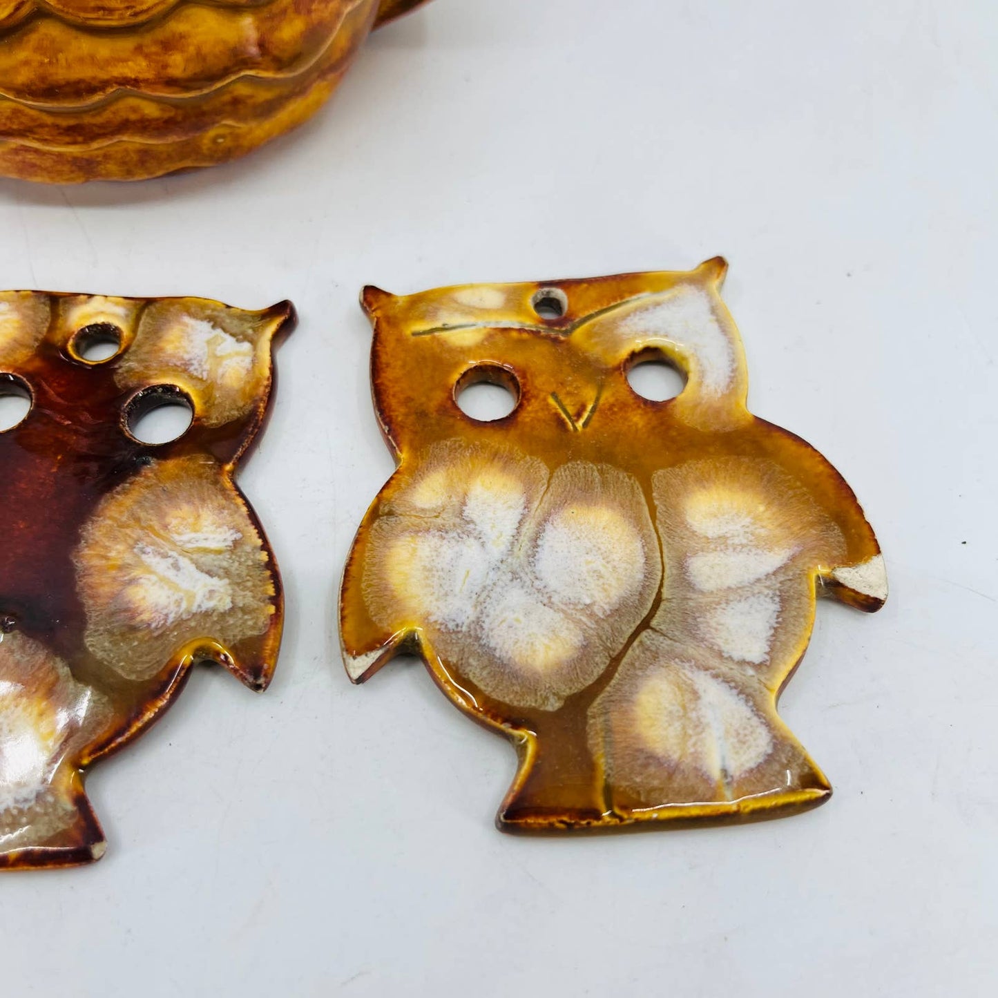 Retro Hand Painted Ceramic Owl Wind Chime w/ 3 Owlets 5.5” TC7