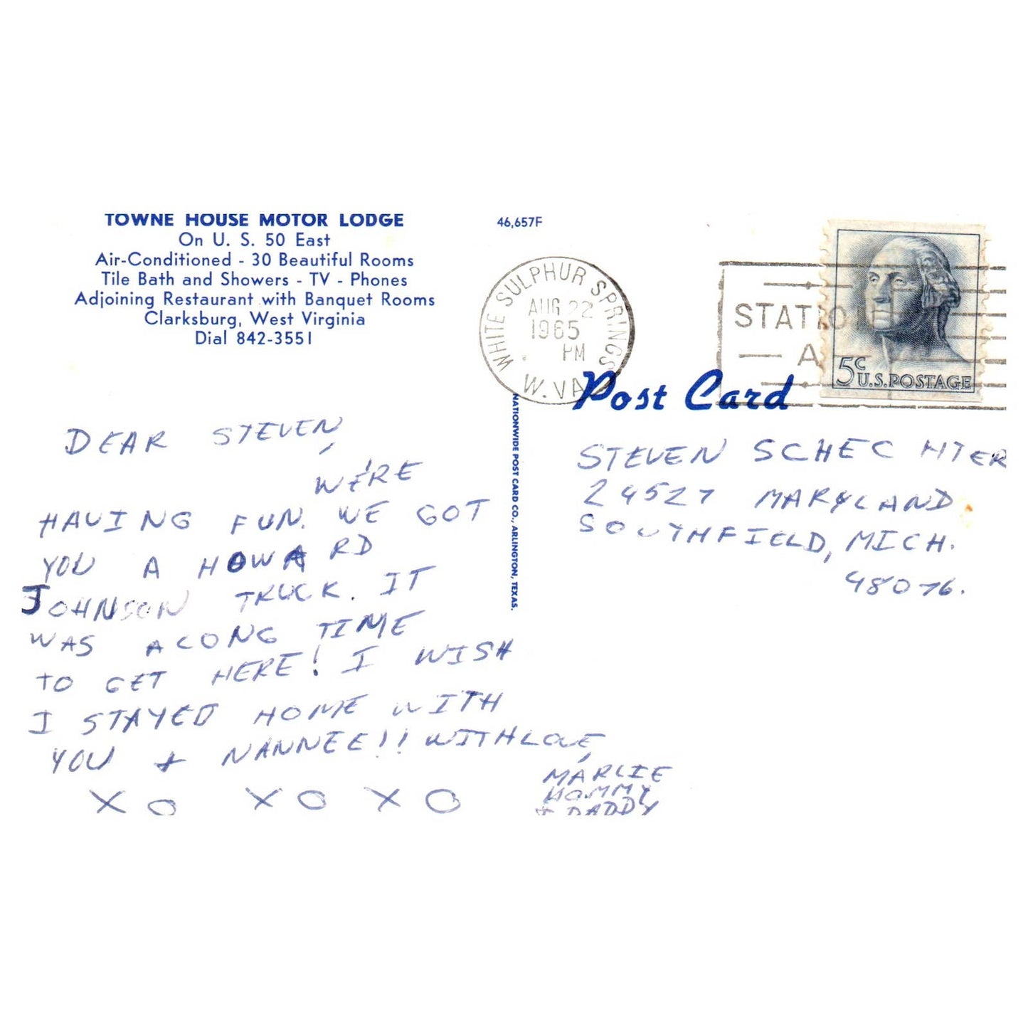 Vintage Postcard - Town House Motor Lodge Clarksburg West Virginia AD9