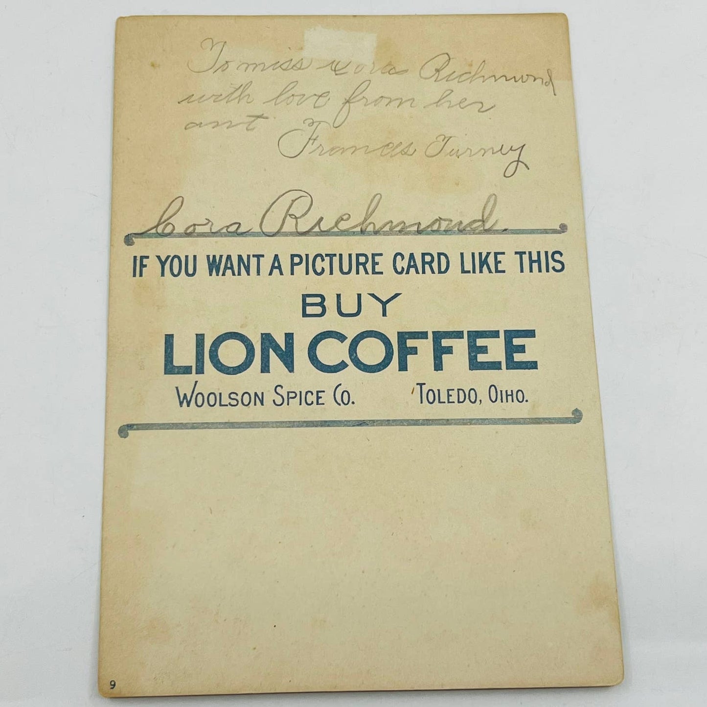 Victorian 1800s Trade Card Lion Coffee Woolson Spice Toledo OH Woman w/ Fan AA3