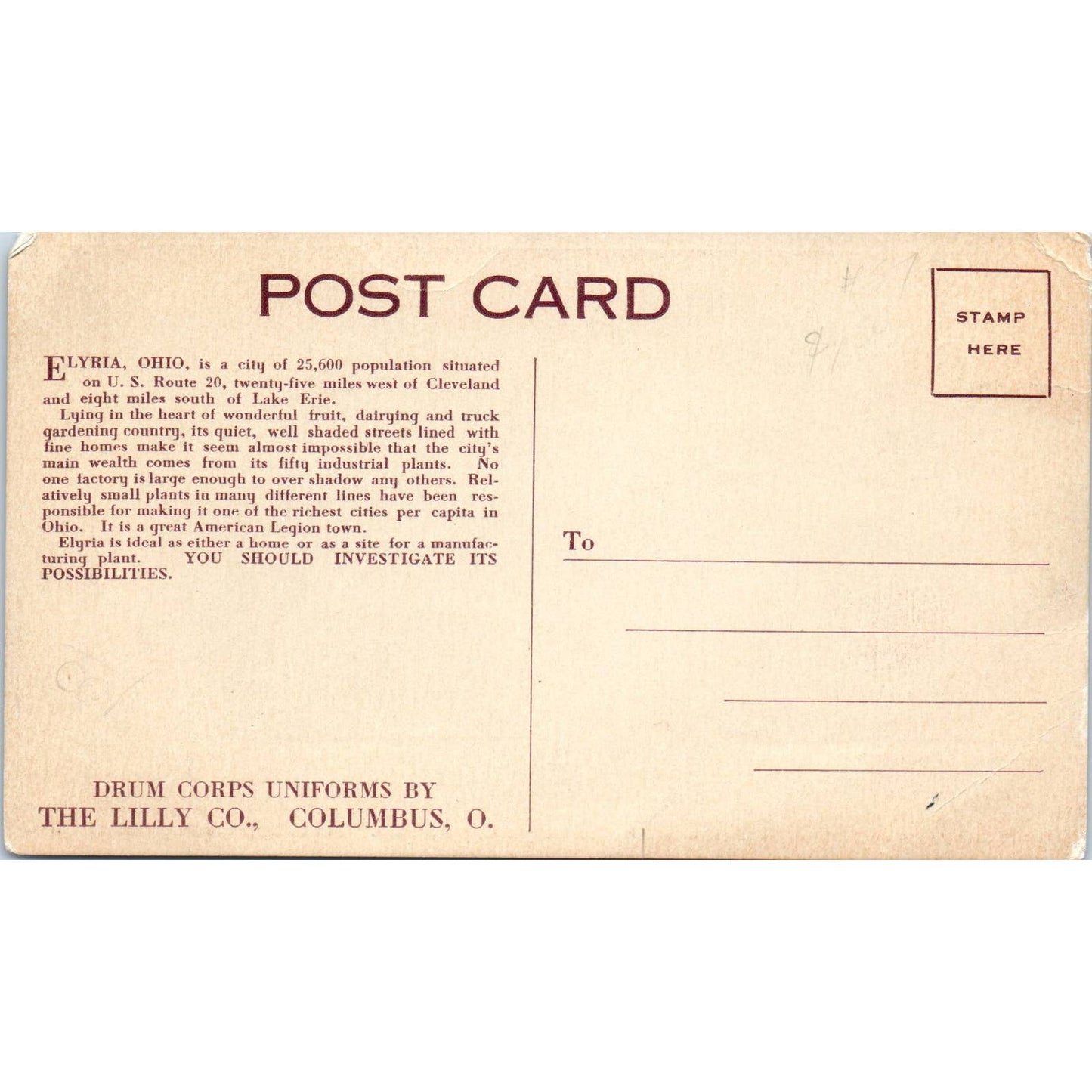 Antique Postcard American Legion Post No. 12, Drum & Bugle Corps Elyria Ohio TD9