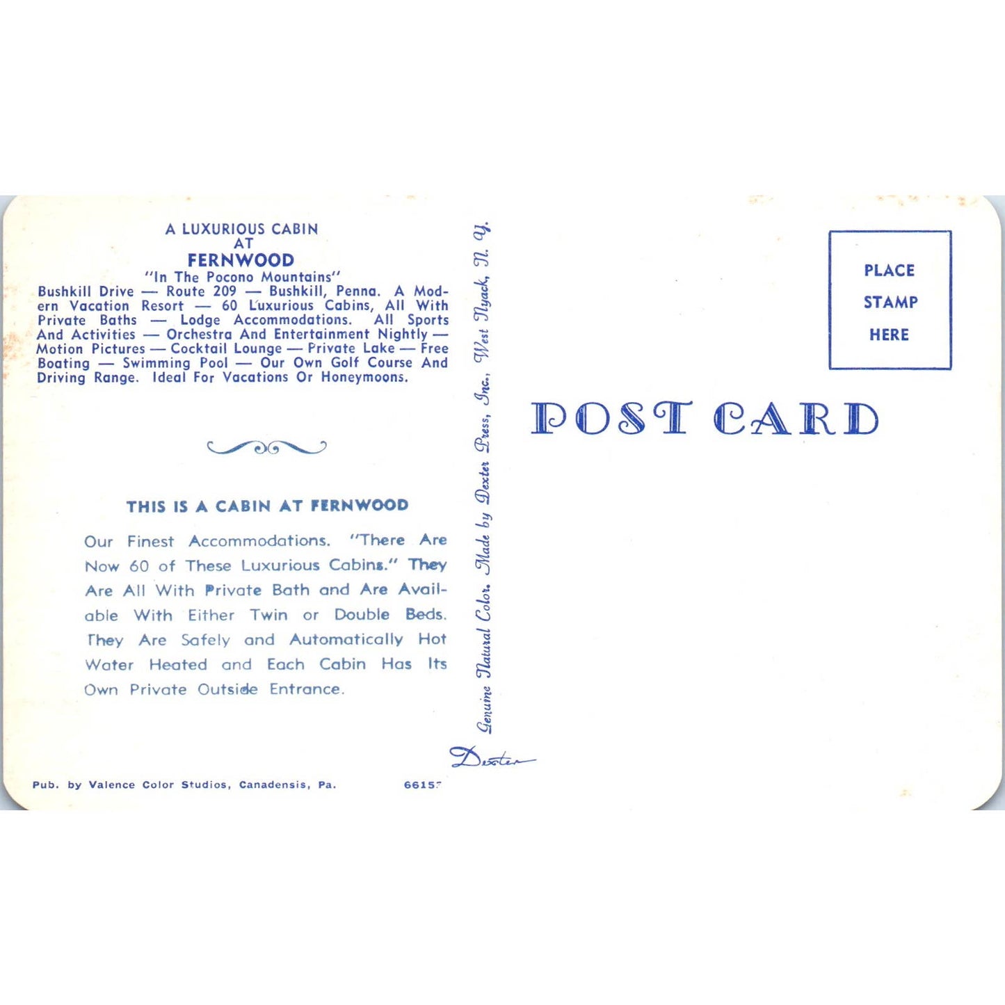 Vintage Postcard Luxurious Cabin at Fernwood Bushkill PA TD8-P2