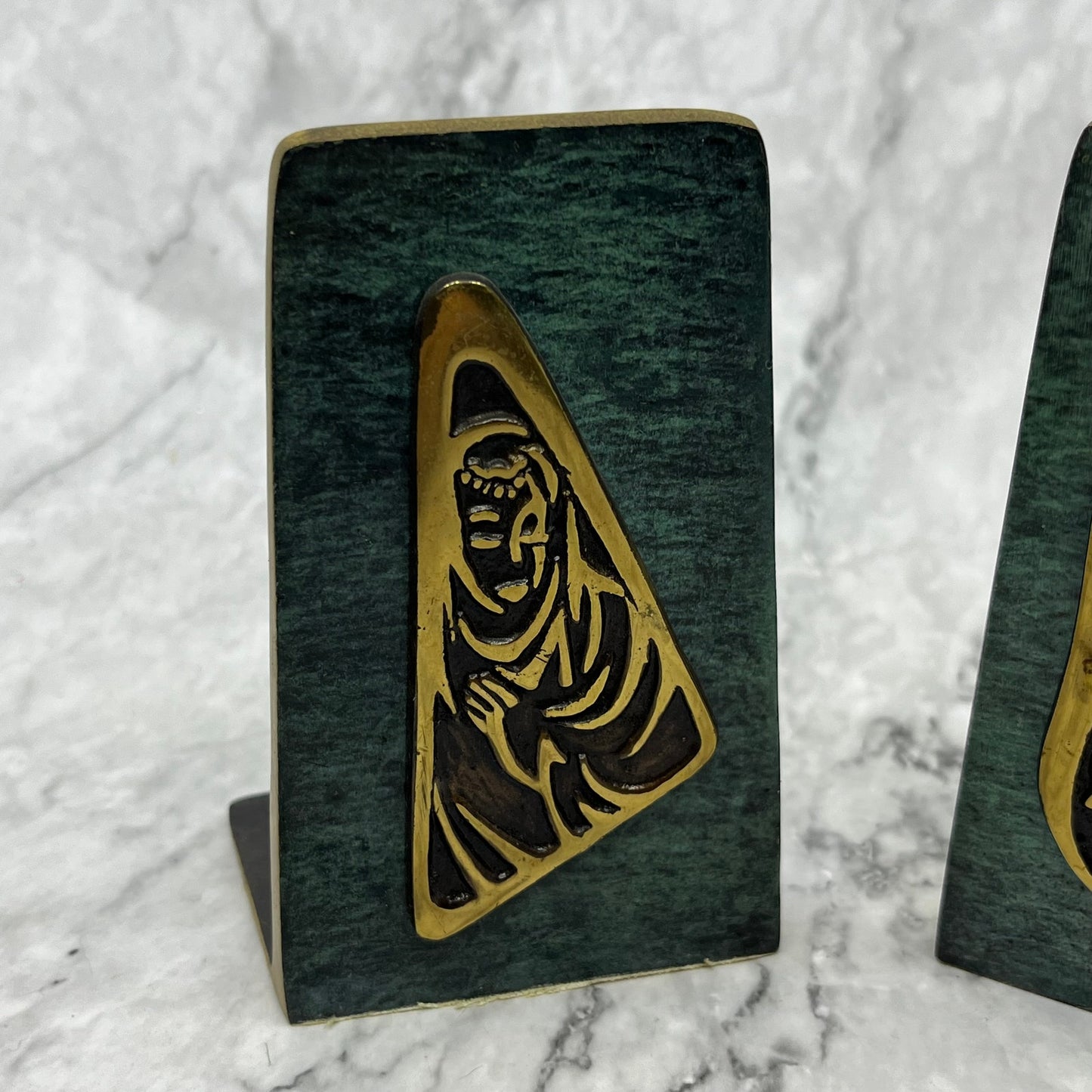 Dayagi Israel Green Burnished Enamel Brass Bookends Jesus Mary & Joseph TK3