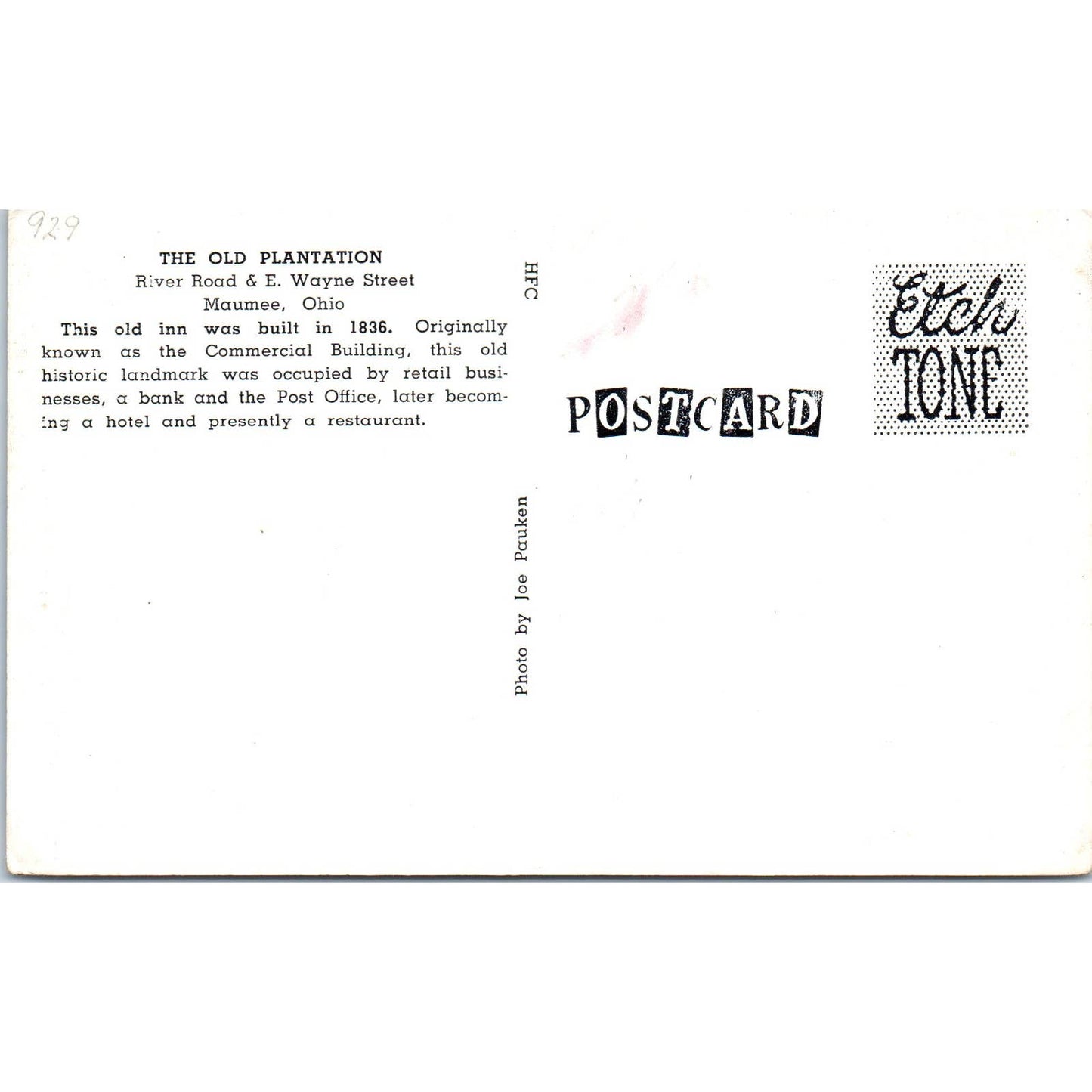 Vintage Postcard The Old Plantation Maumee Ohio TD9