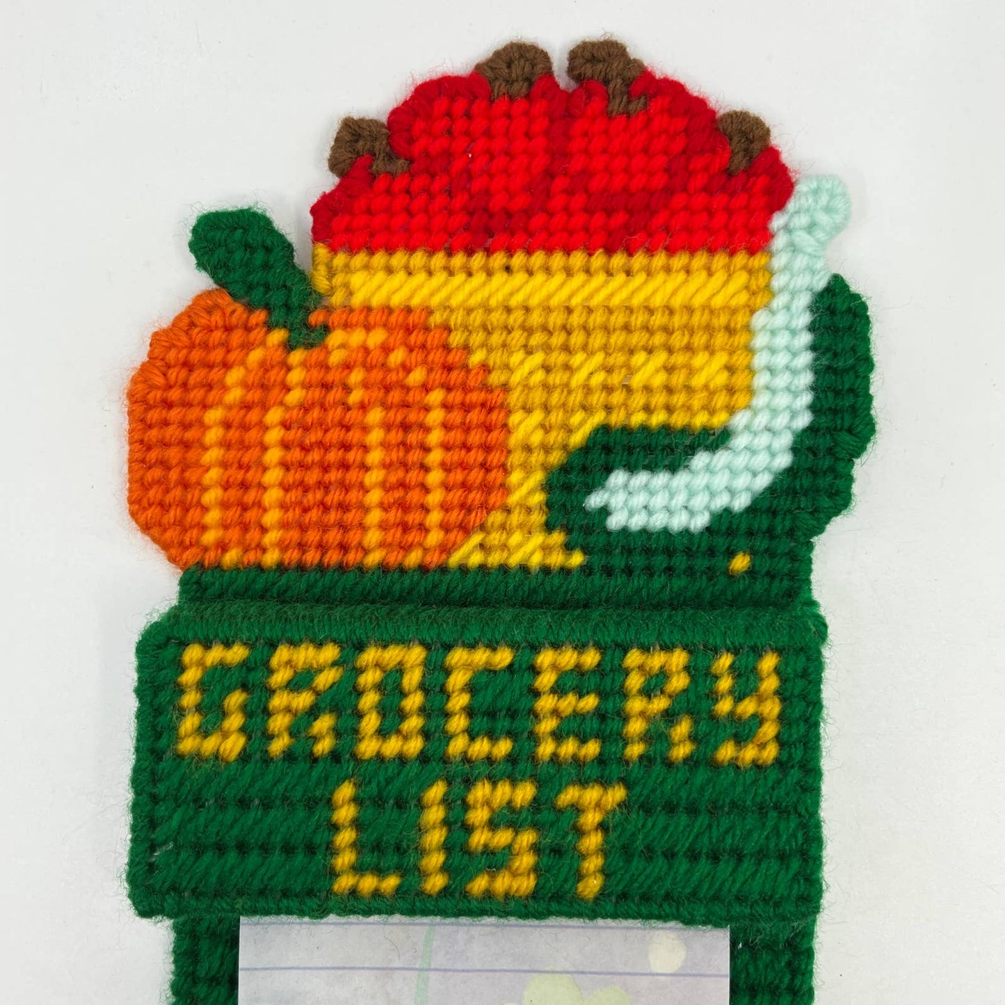Retro Kitsch Cross Stitch Canvas Grocery List Holder Magnet Autumn Pumpkin TC3
