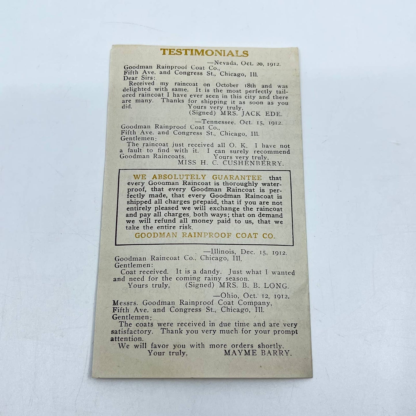 1912 Advertisement Leaflet Goodman Rainproof Coat Co. Ladies Dept Chicago IL SC5