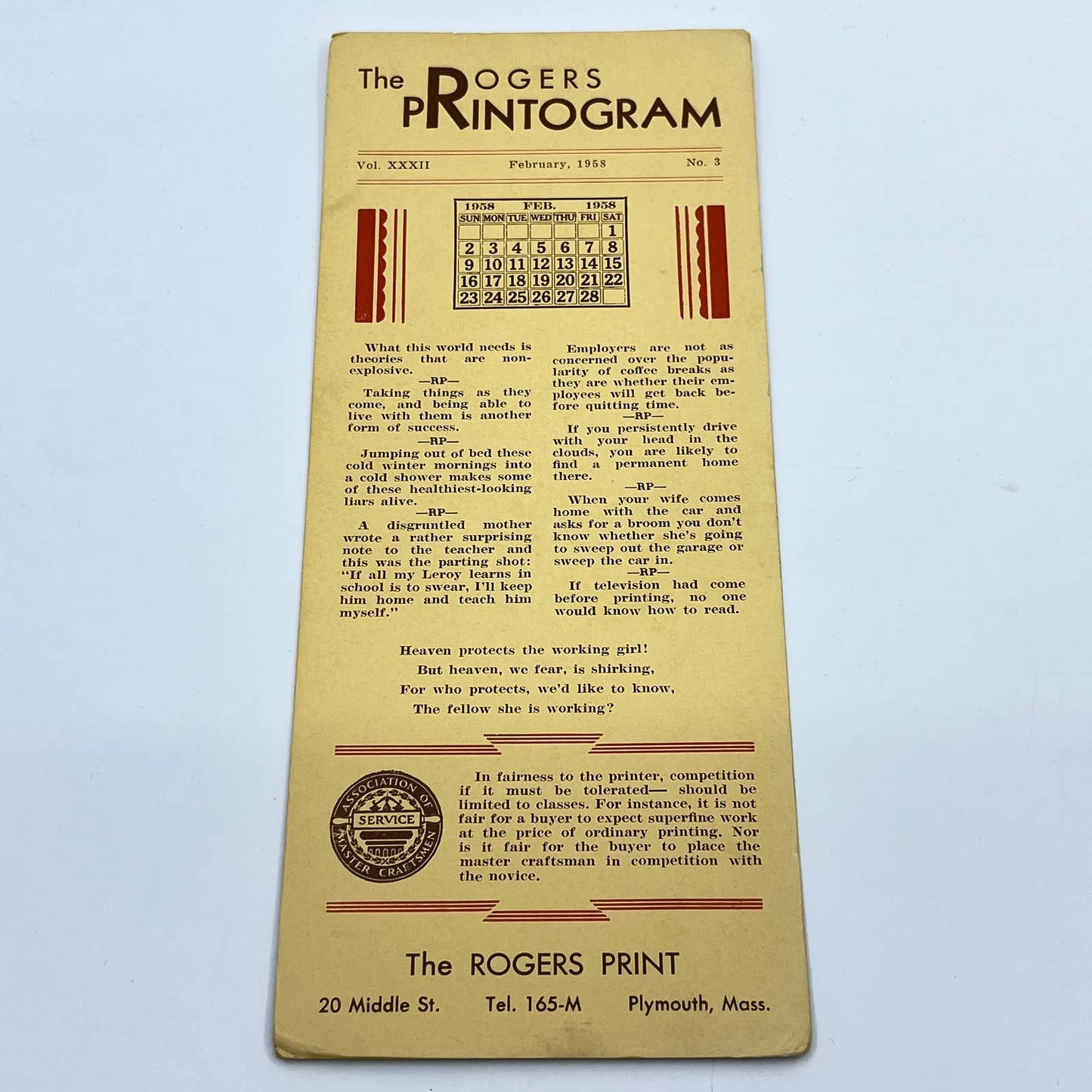 1958 Newsletter Blotter Card Rogers Printogram Rogers Print Plymouth Mass. SC9