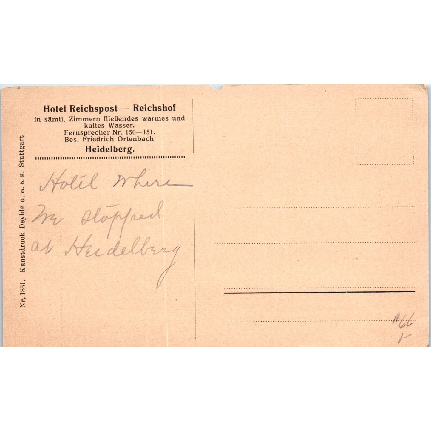 Heidelberg Germany Hotel Post-Reichspost 1926 Original Postcard P1-13