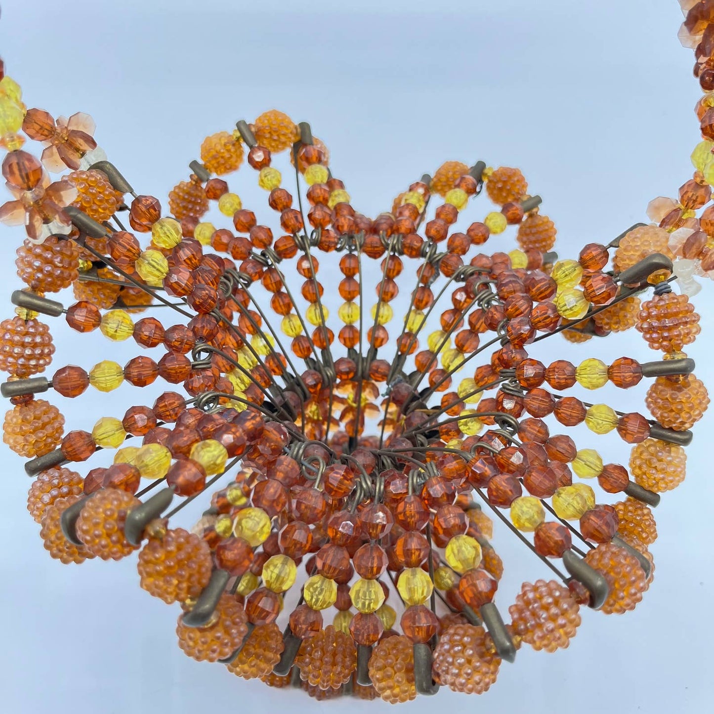 Vintage Kitsch Safety Pin Beaded Basket Brown Yellow 70s Earth Tone 12” TF4