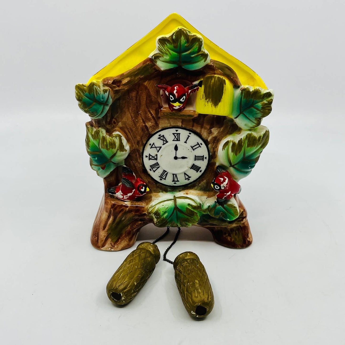 1960s Ceramic Bird House Cardinals Cuckoo Clock Wall Pocket Planter 7 x 6” TC8