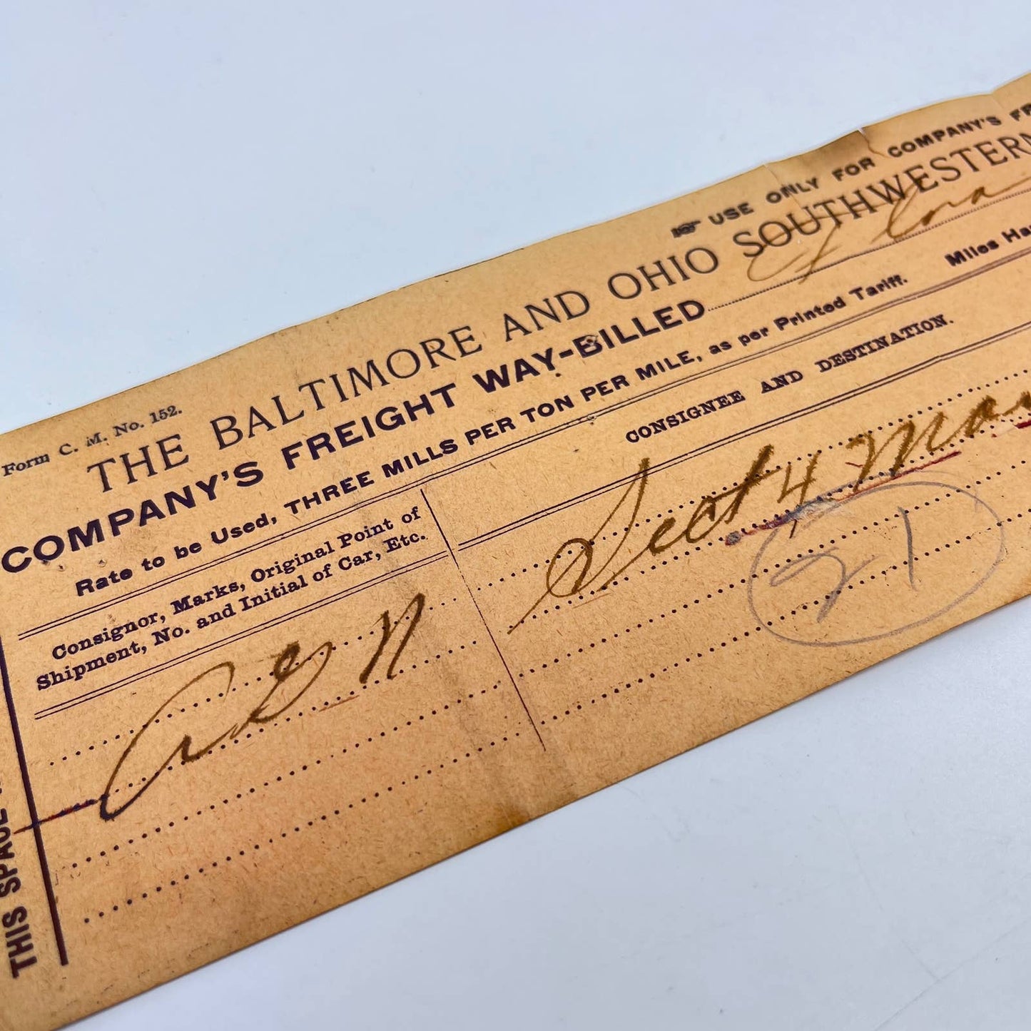 1900 B&O Southwestern Railroad RR Train Company Freight Way-Bill AB2