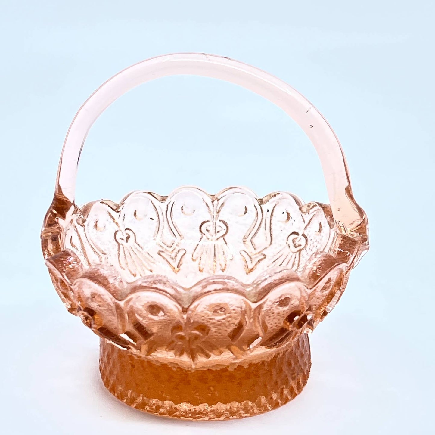 Vtg Pink Depression Glass Miniature Trinket Basket Applied Handle 3” TF5