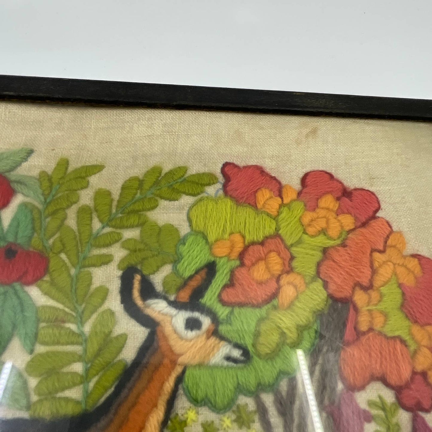 1971 Framed Erica Wilson Crewel Art Sampler Deer Fawn TG3