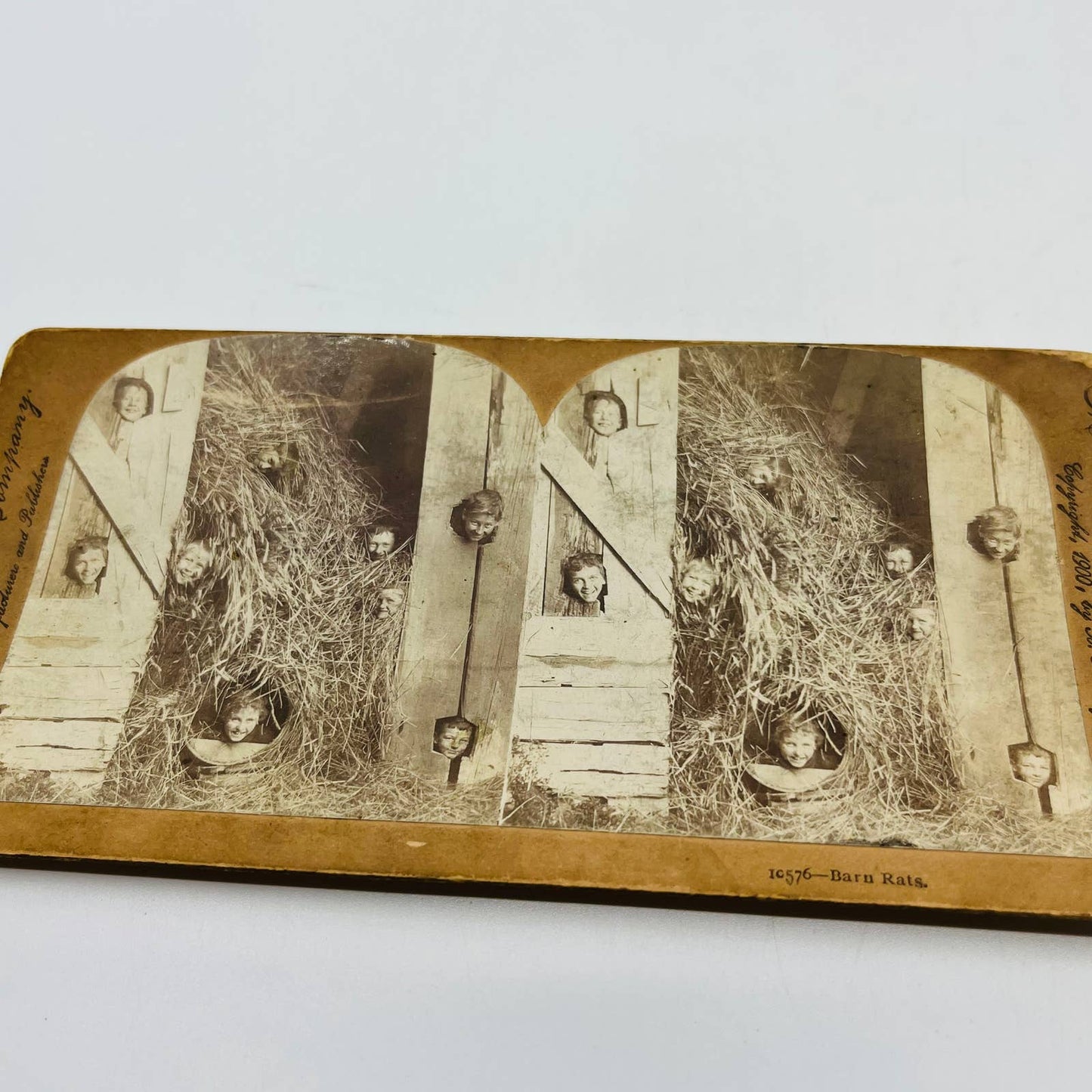 1900 Stereoview Card “Barn Rats” Children Hiding in Barn