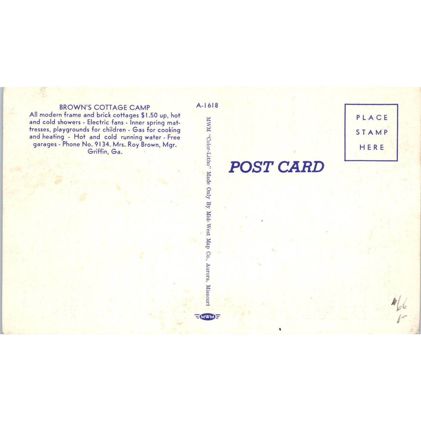 Brown's Tourist Camp Griffin GA Original Postcard TK1-21