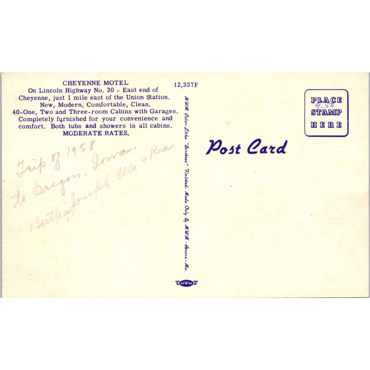 Cheyenne Motel Cheyenne Wyoming 1958 - Original Postcard TJ7-RP2