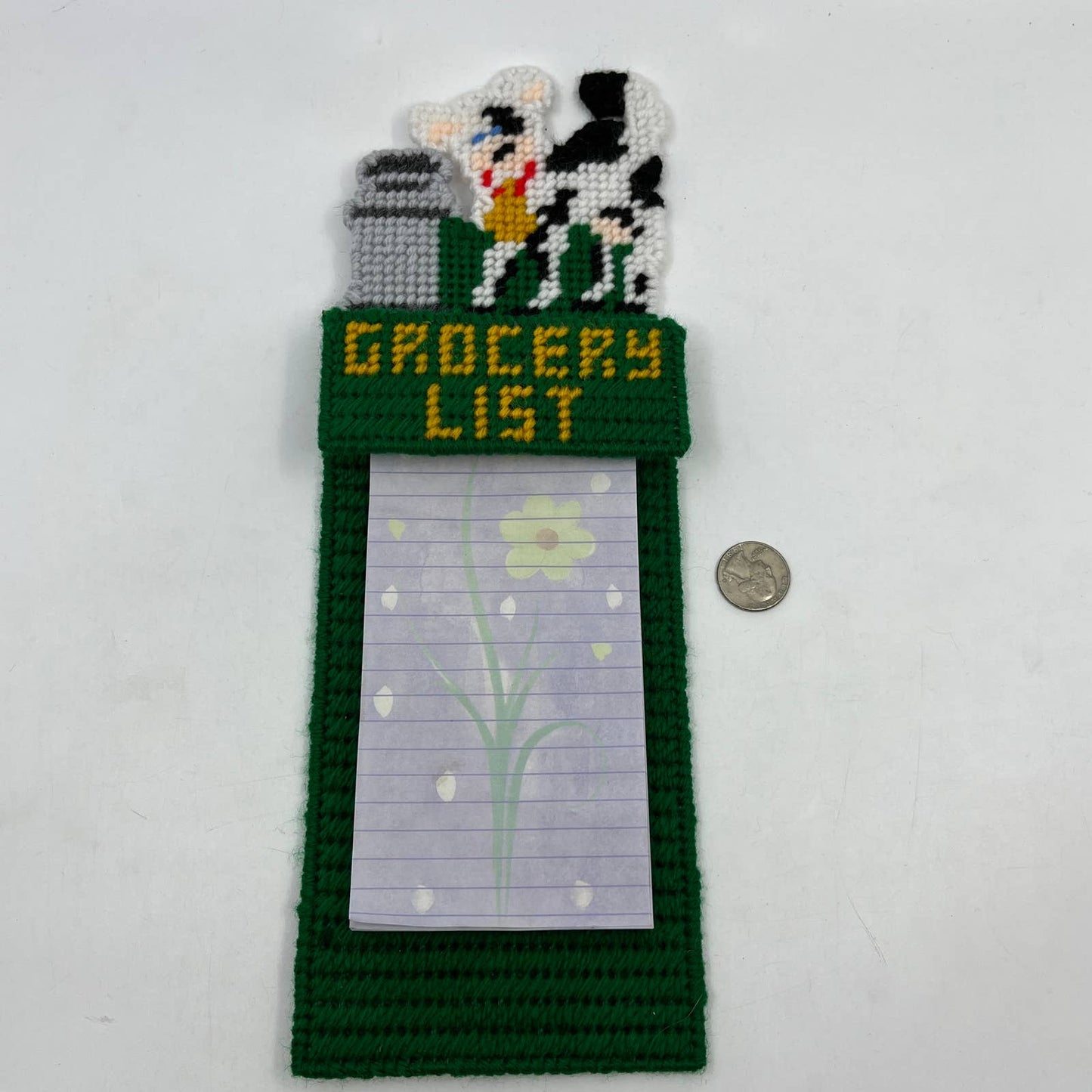 Retro Kitsch Cross Stitch Canvas Grocery List Holder Magnet Cow Farm TC3
