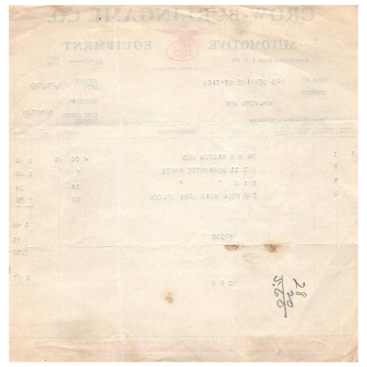 1929 CROW-BURLINGAME CO. Automotive Equipment Order Form Little Rock AR AC9