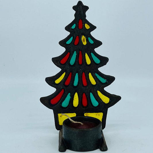 Retro 1970s Stained Glass Metal Christmas Tree Votive Candle Holder 7.5" TC9