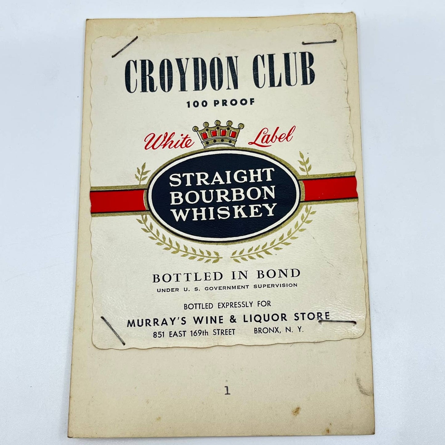 Croydon Club Whiskey Label Murray’s Wine & Liquor Store Bronx NY