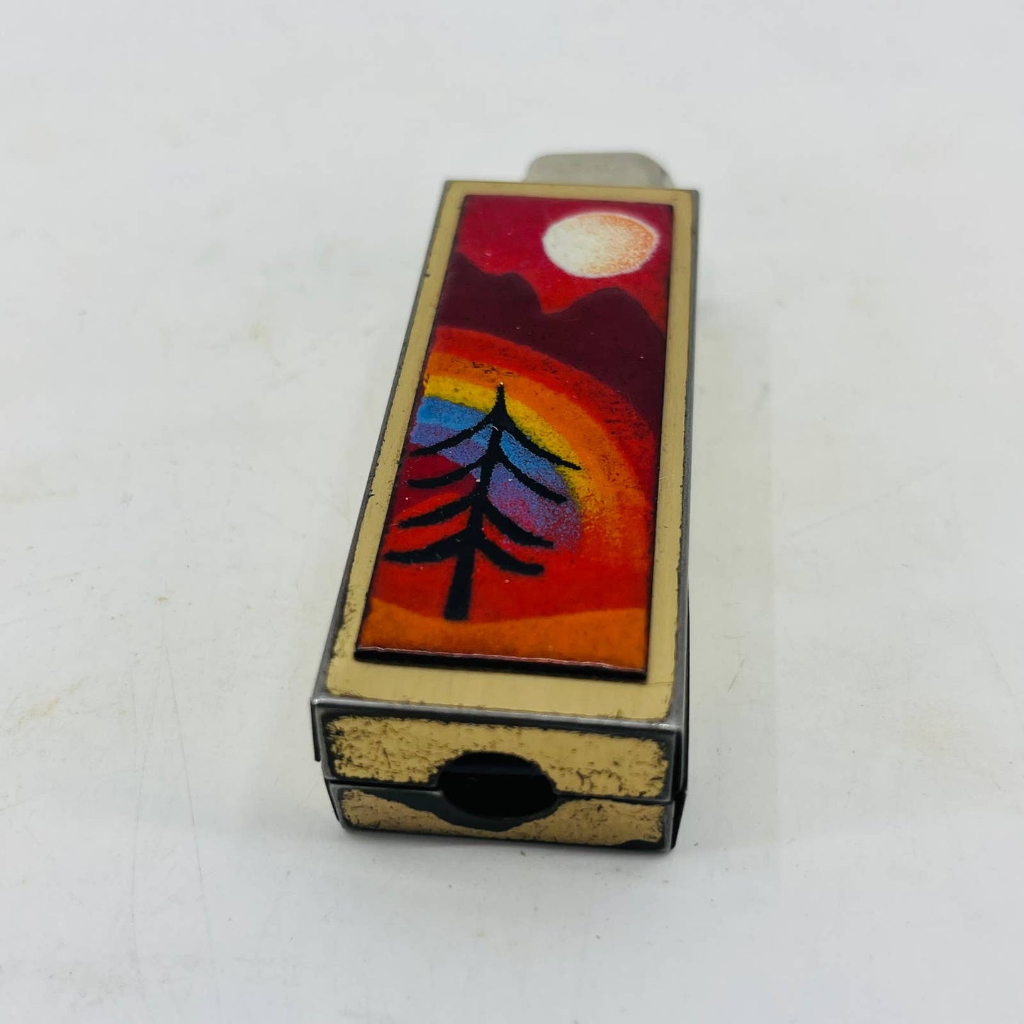 Vintage Brass and Enamel Southwest Sunset Scene Disposable Lighter Case SA8