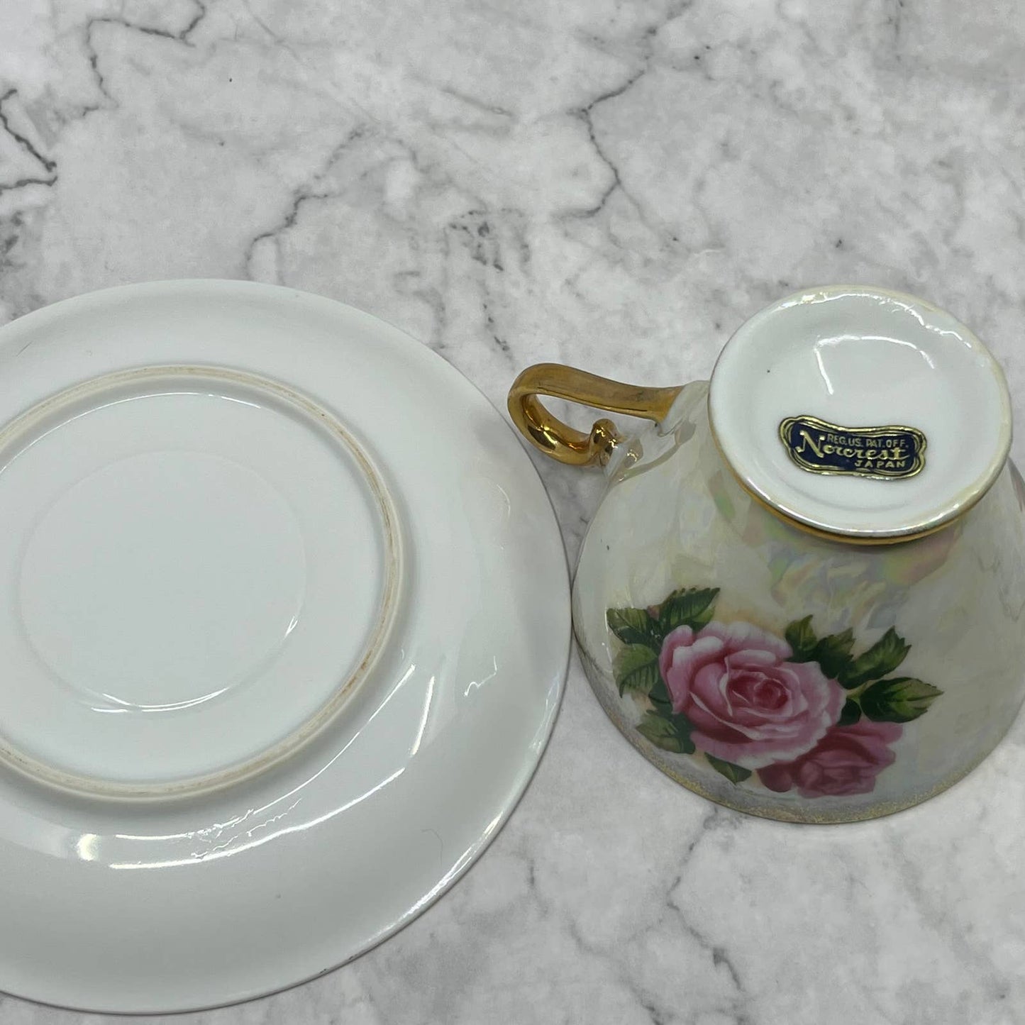 Vintage 1950s Norcrest Iridescent Luster Pink Rose Teacup and Saucer set TA7