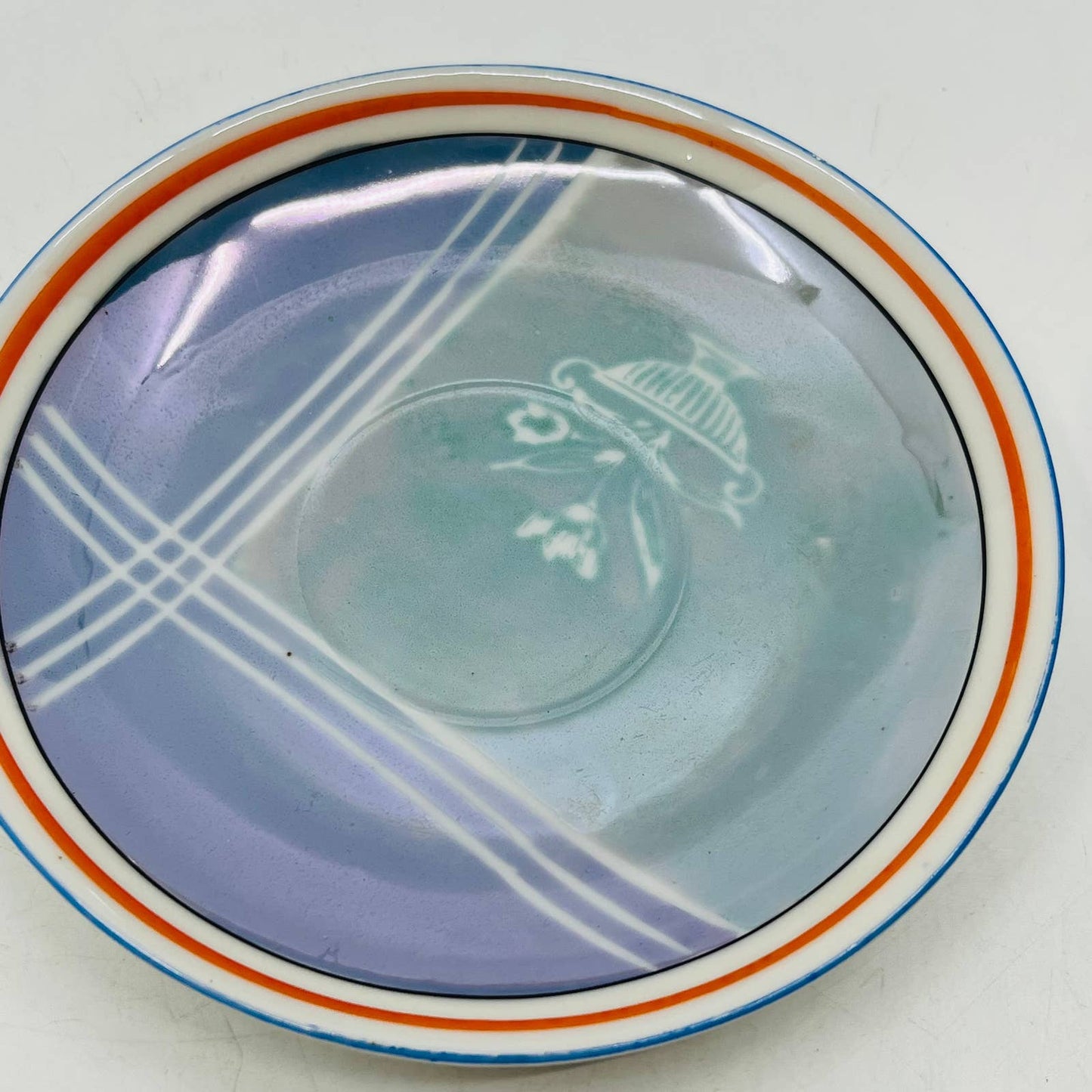 Vtg RARE Japanese Iridescent Opal Lusterware Blue Stripe Cup and Saucer Set TC5