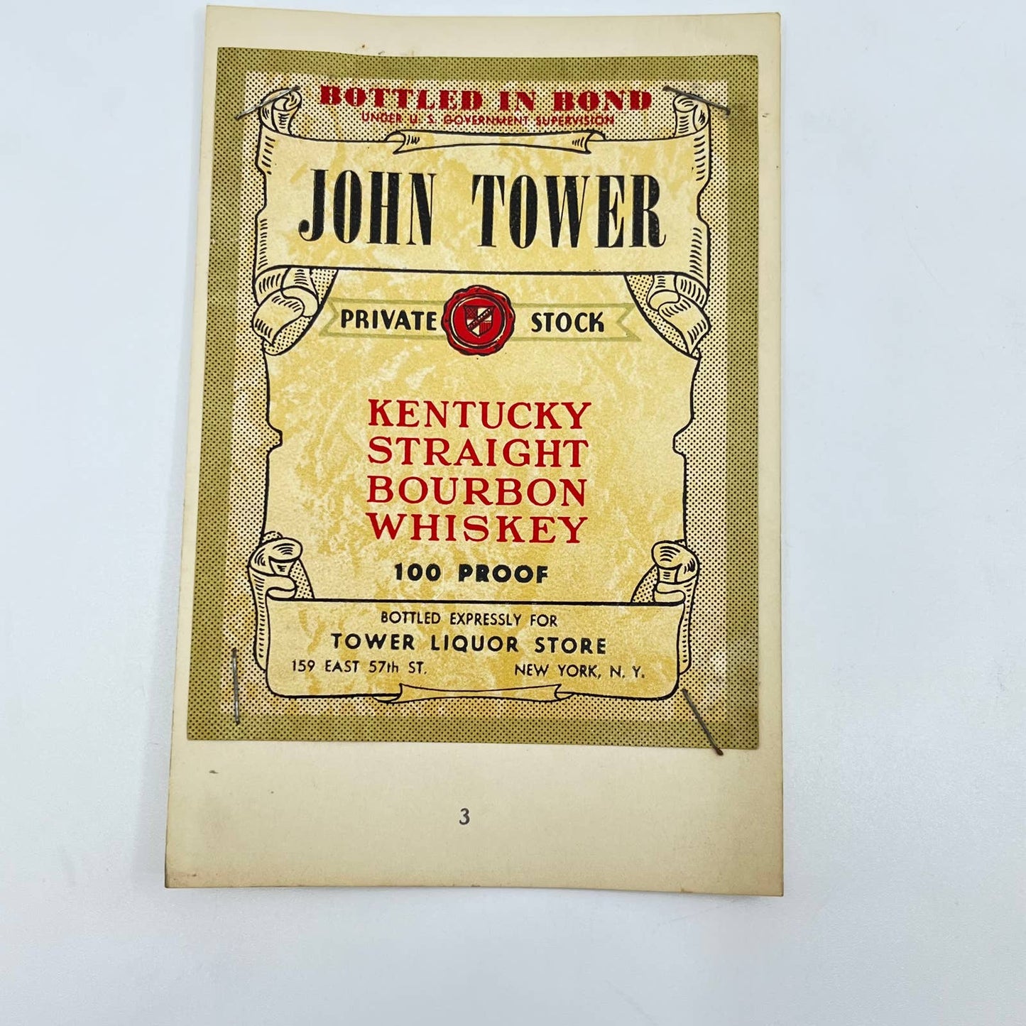 John Tower Bourbon Whiskey Label Tower Liquor Store 159 E. 57th St. New York NY
