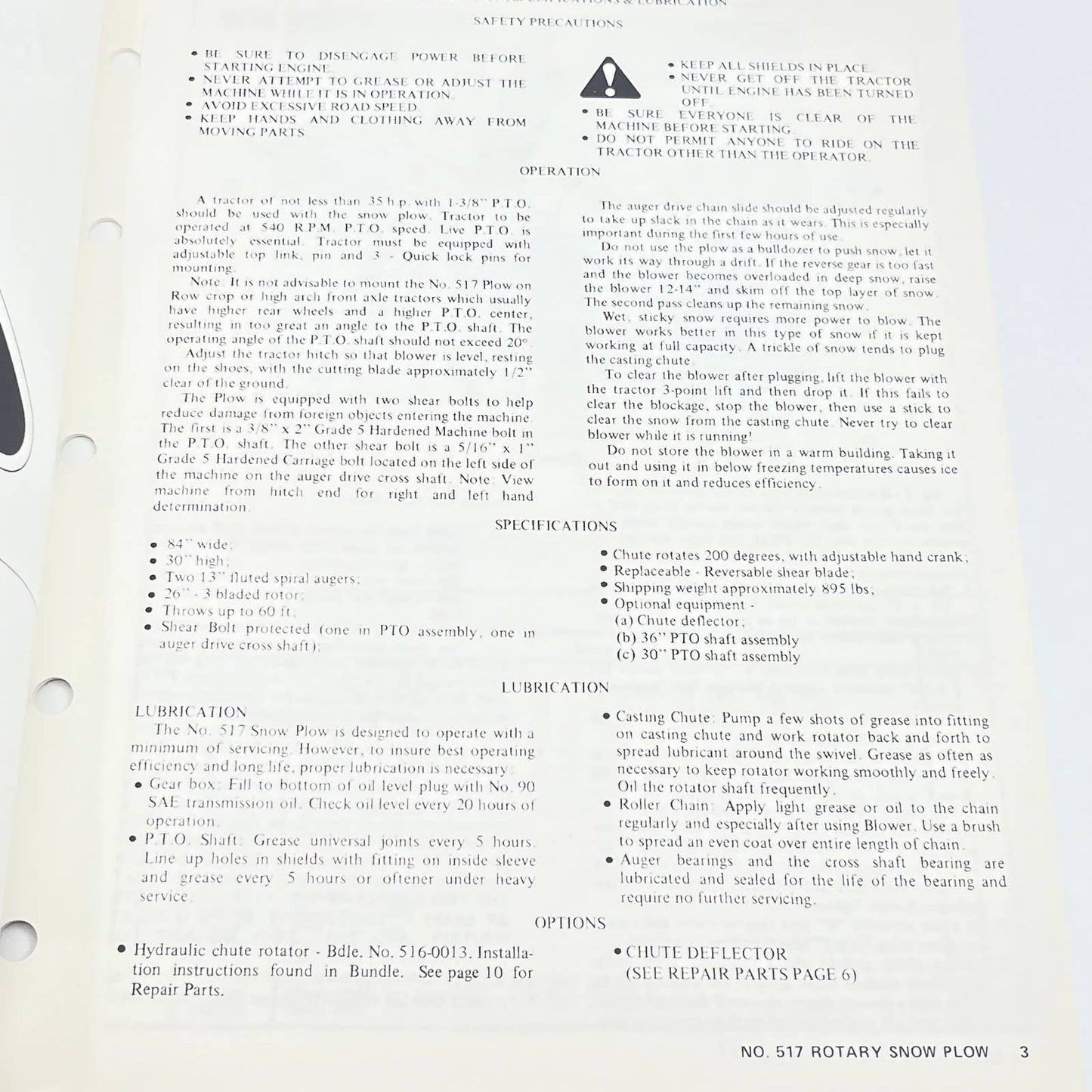 Original 1974 New Idea No. 517 Three Point Hitch 7" Rotary Snow Plow Manual TB9