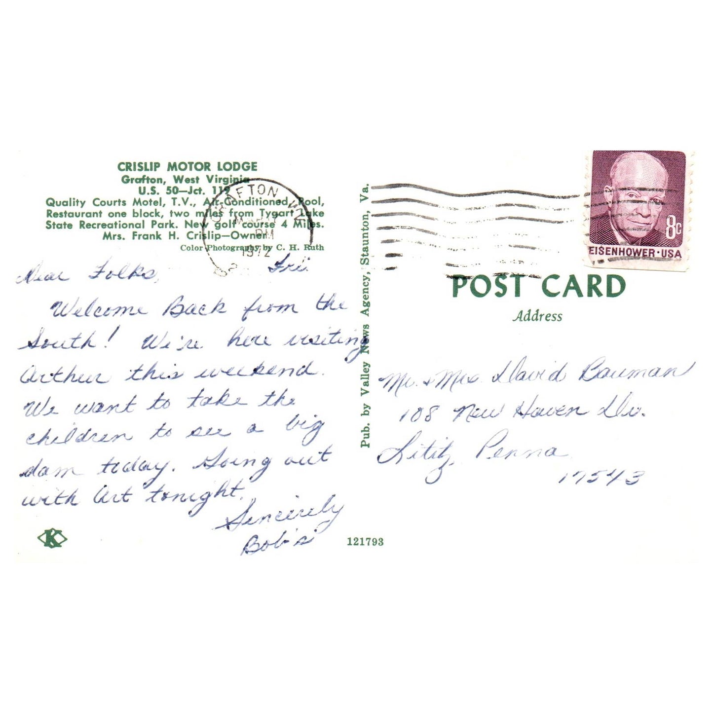 Vintage Postcard - Crislip Motor Lodge Grafton West Virginia AD9