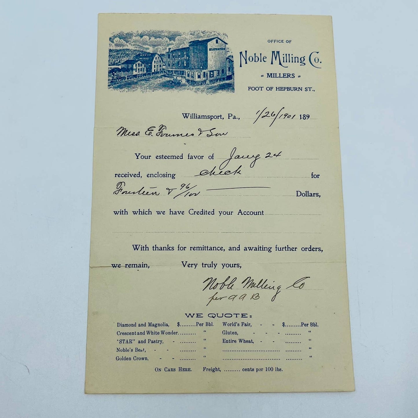 1901 Noble Milling Co. Millers Billhead Invoice Williamsport PA Hepburn St. D3