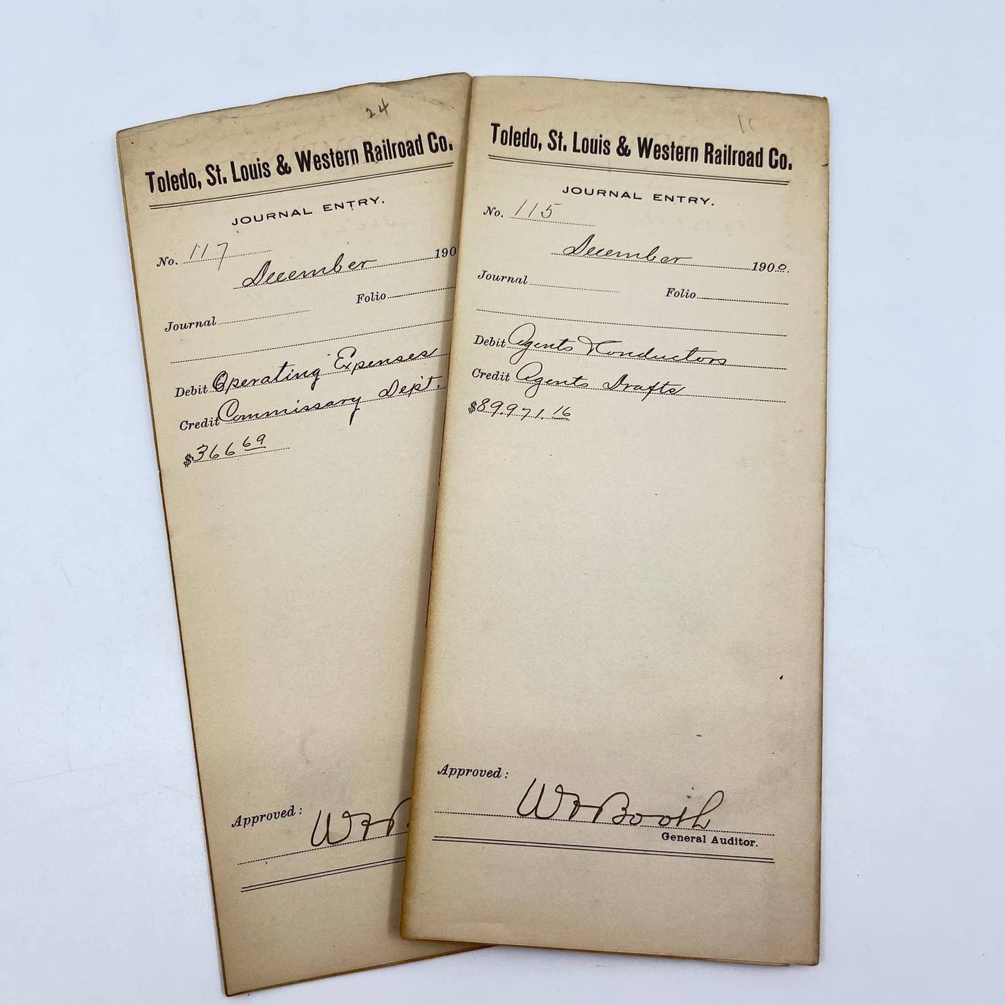 1900 Toledo, St. Louis & Western Railroad Company Journal Entry Lot of 2 AB2-7