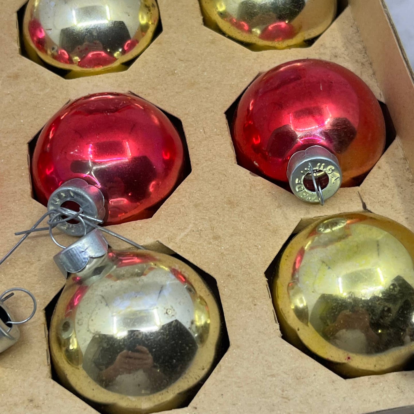 Coby 12 Vintage 1 3/4" Mercury Glass Ornaments Original Box Red Gold OT1