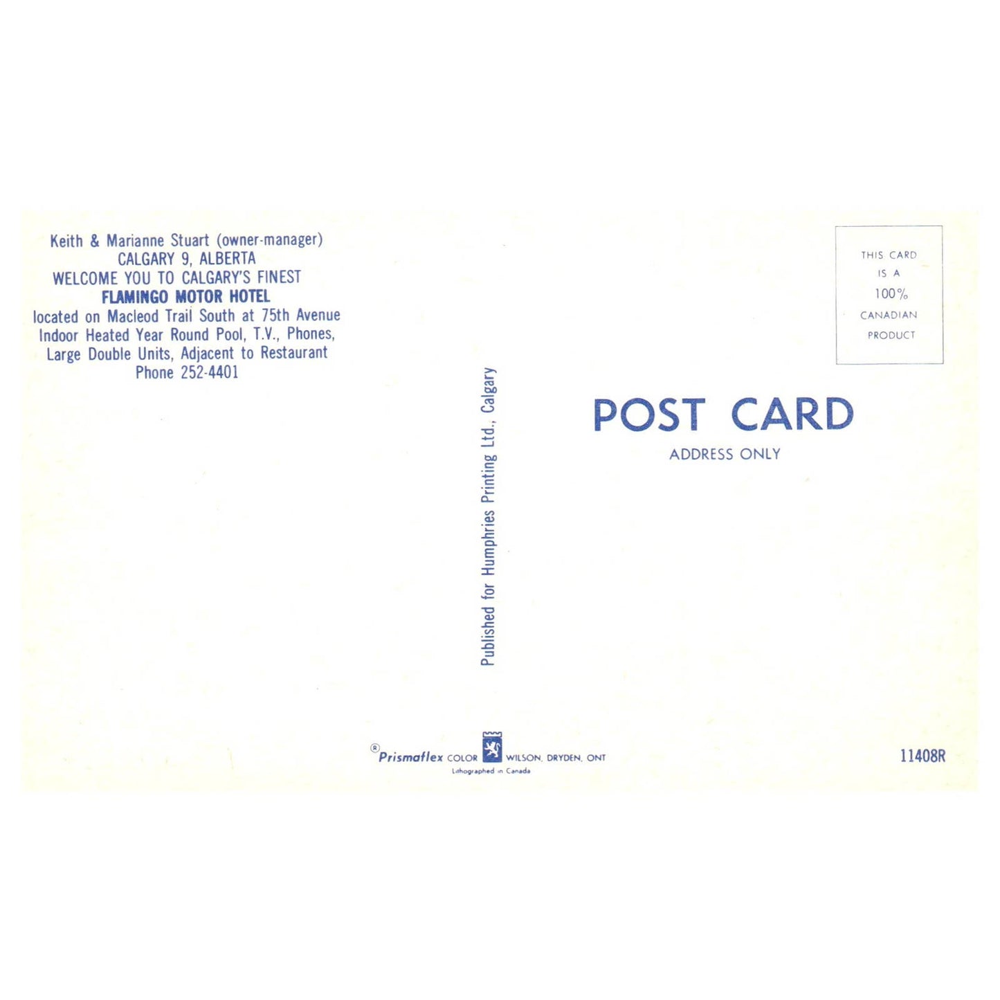 Vintage Postcard - Keith & Marianne Stuart Flamingo Motor Hotel Calgary TJ7-1