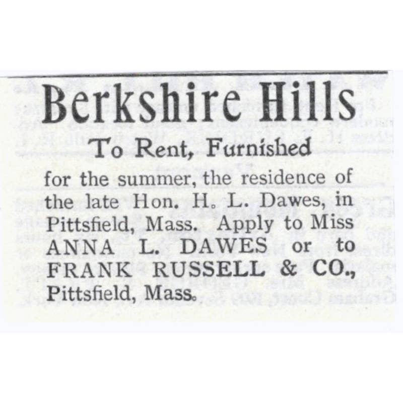 Berkshire Hills Anna L. Dawes Frank Russell & Co Pittsfield MA - 1903 Ad TJ7-S9