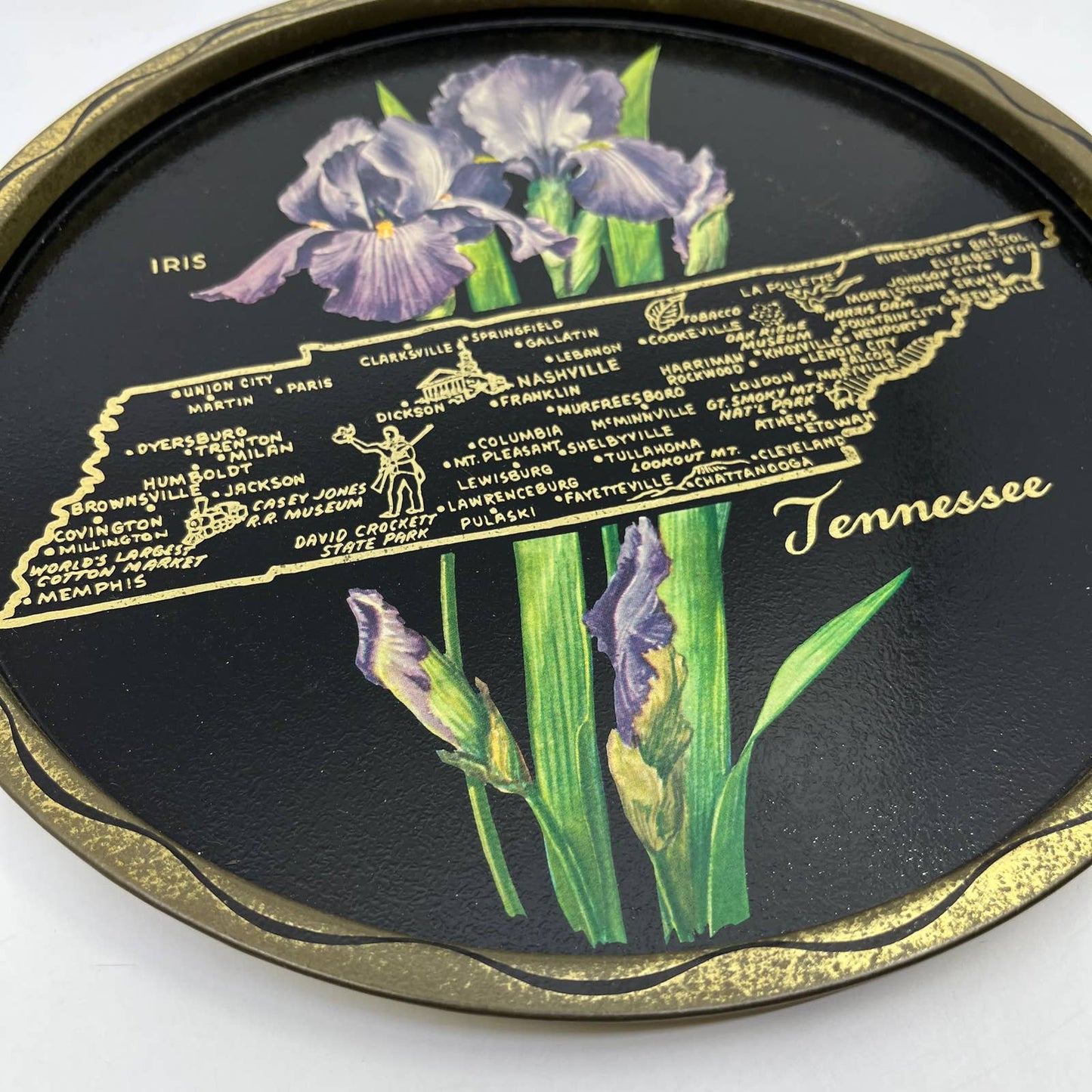 Vintage Black & Gold Metal State Souvenir Plate Tray Tennessee 11” TH2