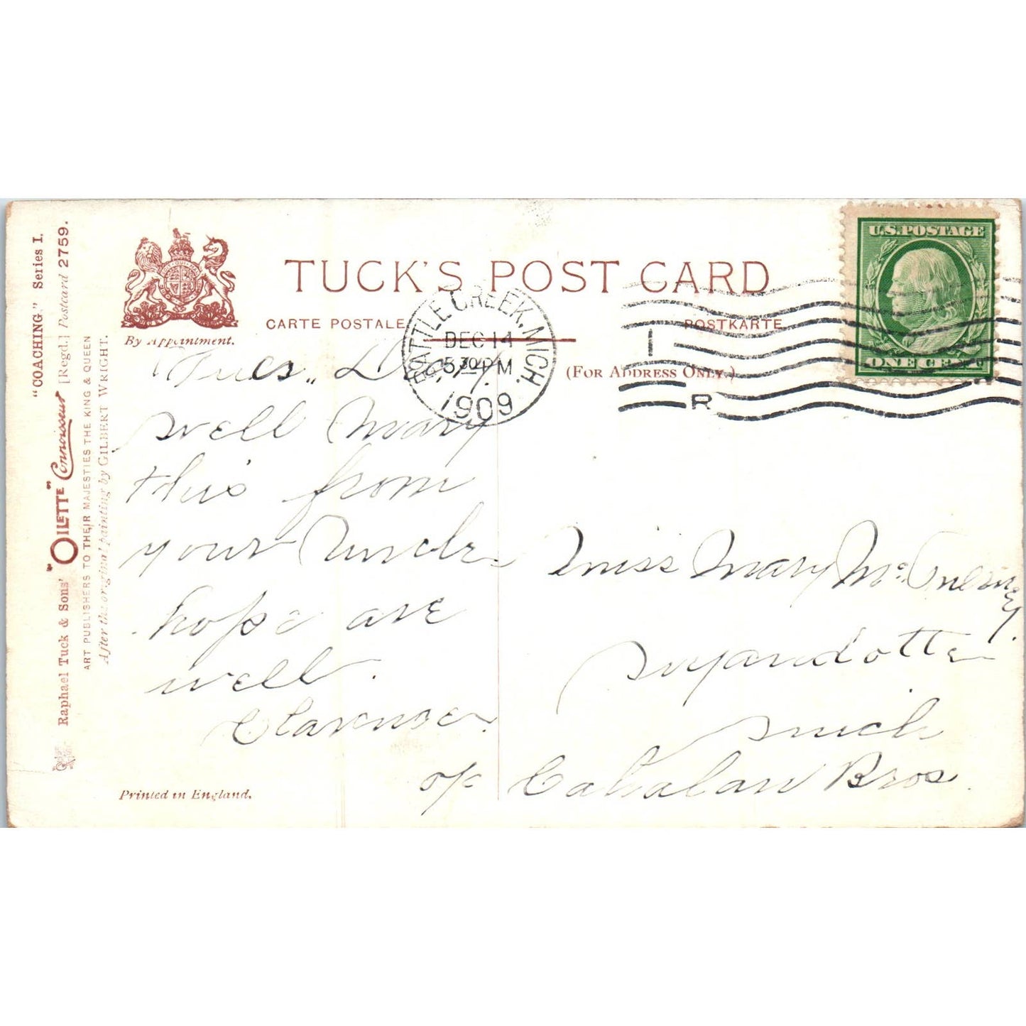 Coaching Horse & Carriage 1909 Raphael Tuck Oilette Original Postcard TK1-P17